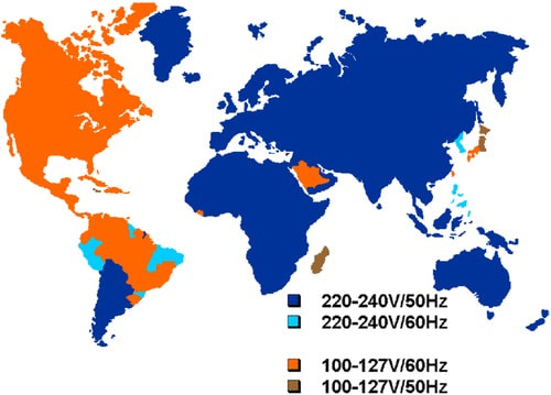 Map of the world colored by voltage and frequency