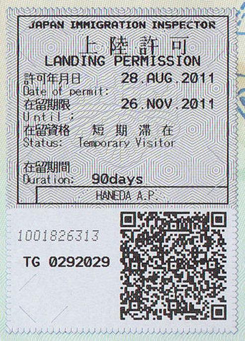 A Japanese Temporary Visitor Landing Permission